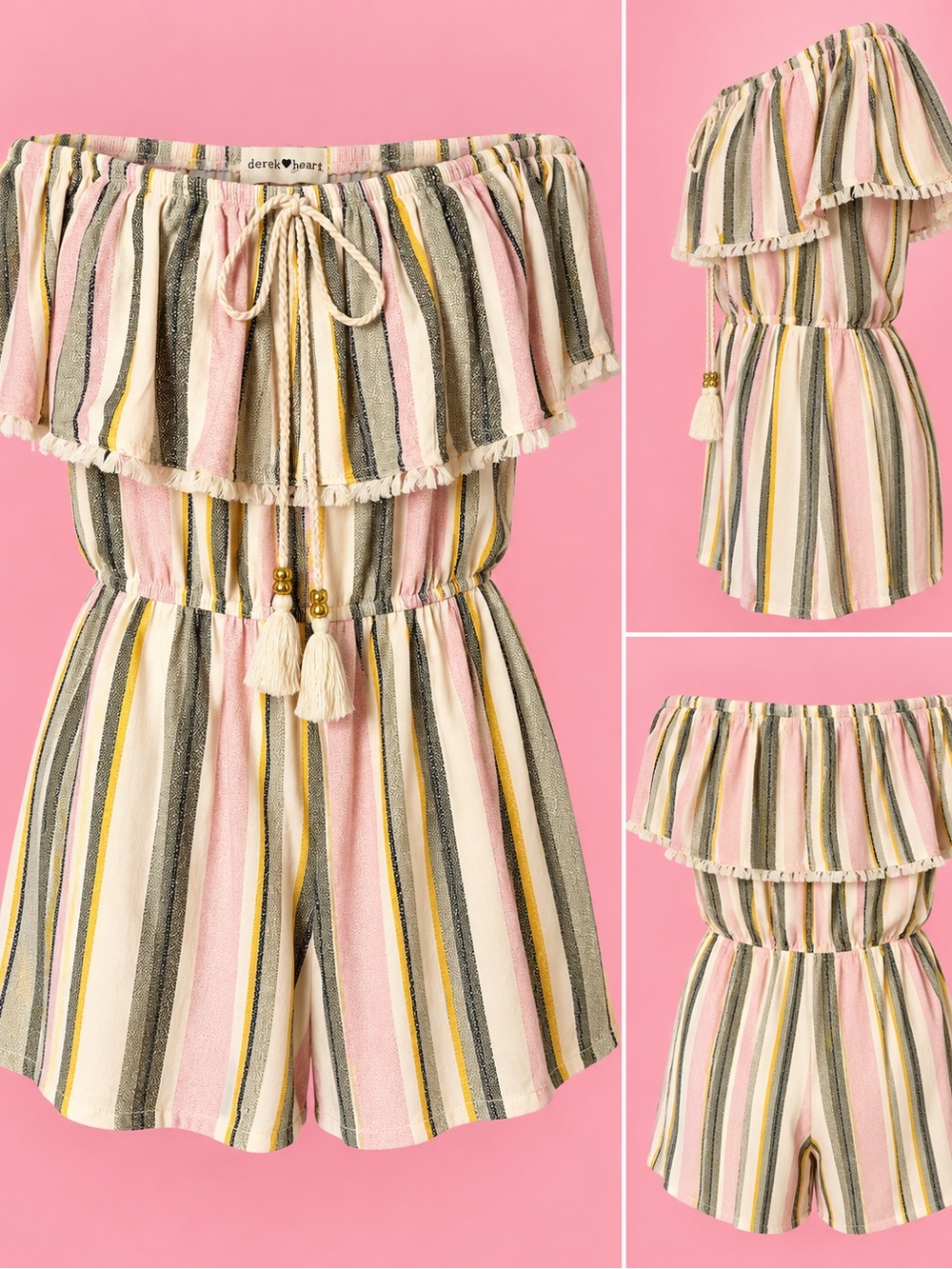 Derek Heart Yummy Fabric Striped Off Shoulder Boho Romper XL NWT